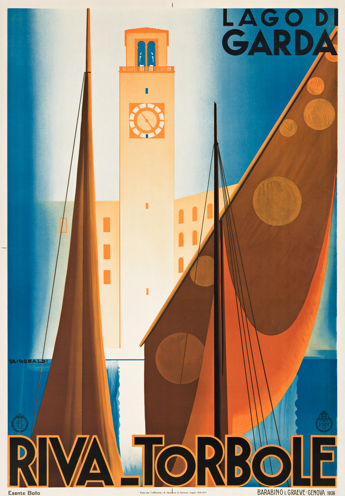 GIUSEPPE RICCOBALDI DEL BAVA (1887-1976).  RIVA - TORBOLE / LAGO DI GARDA. 1936. 39½x27½ inches, 100¼x69¾ cm. Barabino & Graeve, Genova